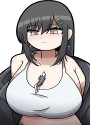 giantess grey_eyes large_breasts tagme tazataza_ tiny_male unknown_character