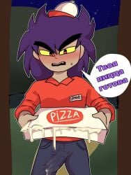 13_cards 13_карт 1boy angelic_ama artist_request blush box cum cum_on_food cum_on_pizza delivery delivery_boy delivery_employee delivery_uniform erection erection_under_clothes green_corpse long_hair male_only pizza pizza_box pizza_delivery precum precum_drip request russian_text solo solo_male text toony toony_face uniform пик_(13_карт)