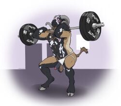 2025 anthro balls barbell black_body black_fur blush bodily_fluids bovid caprine clothed clothing cloven_hooves crouching erection exercise foreskin fur genitals grey_body grey_fur grey_penis hi_res hooves horn humanoid_genitalia humanoid_penis jockstrap jockstrap_only labradorszn male male_anthro mammal muscular muscular_anthro muscular_male nipples penis pink_penis sheep solo sweat tail tan_body tan_fur topless underwear underwear_only wardrobe_malfunction weightlifting white_body white_fur workout