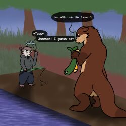 anthro aquatic balls barely_visible_genitalia big_balls bottomwear brown_body brown_eyes brown_fur chest_tuft clothing comic denim denim_bottomwear denim_clothing dialogue duo fish fishing_rod fur genitals grass green_clothing jameson jav_(zlite) jeans looking_down looking_down_at_another male mammal mustelid neck_tuft otter pants path plant seductive semi-anthro sky speech_bubble tail tan_body teasing throwing tree tuft zlite