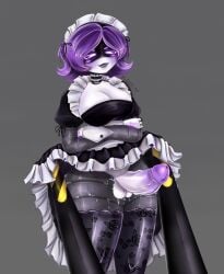 1futa balls ballsack big_breasts blush circumcised clanker crossed_arms futanari glitch_productions maid maid_headdress maid_outfit maid_uniform meisen_xp murder_drones purple_eyes purple_glans purple_hair skirt skirt_lift smile unseen_female_face uzi_(murder_drones) v_(murder_drones) vein veins veiny_penis worker_drone