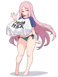 aizawa_momoka bikini bikini_under_clothes breasts female full_body gigantic_breasts green_bikini honoo_no_haramase_paidol_my_star_gakuen_z long_hair looking_at_viewer mega_milk pink_hair shirogane_hakuba shirt shirt_overhang simple_background smile solo standing swimsuit underboob very_long_hair white_background white_shirt yellow_eyes