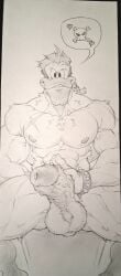 2026 abs anatid anseriform anthro avian ball_tuft balls big_penis bird bodily_fluids body_hair bracelet chest_tuft disney duck ducktales erection evil_counterpart five_o'clock_shadow fondling_penis genital_fluids genitals hairy_balls heart_symbol hi_res humanoid_genitalia humanoid_penis jewelry launchpad_mcquack leaking_precum looking_at_viewer male male_only monochrome muscular muscular_anthro muscular_male nega-launchpad nipples nude pecs penis precum presenting presenting_penis scar sitting skull_and_crossbones solo speech_bubble spiked_bracelet spikes spread_legs spreading traditional_media_(artwork) tuft utx-shapeshifter vein veiny_muscles veiny_penis