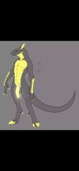 anonymous_artist anthro aquatic aquatic_dragon arthropod_abdomen biped digitigrade dragon genitals glowing glowing_genitalia glowing_penis grey_body hi_res humanoid male multi_ear mythological_creature mythological_scalie mythology penis scalie smile solo yellow_abdomen