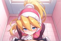ai_generated bathroom blonde_hair blowjob blue_eyes ciel ciel_(mega_man) cute cute_girl female girl medium_breasts mega_man_x_dive mega_man_zero penis penis_in_mouth pink_skirt pink_vest pov sex sexy sexy_pose skirt vest