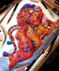 anal anthro balls barazoku biceps big_top bite blue_hair blue_stripes blush bodily_fluids closed_eyes color_pencils deltoids dominant dominant_anthro dominant_male dominant_top duo felid finger_in_mouth from_behind_position genitals glistening glistening_body glutes hair hi_res holding_throat looking_pleasured lying male male/male mammal marker_(artwork) mrkun muscular muscular_anthro muscular_male neck_bite oiled_body on_front painting_(artwork) pantherine pecs penetration penile penile_penetration penis plantigrade prone_bone_position purple_hair purple_stripes sex sex_on_bed speed_bump_position stripes submissive submissive_anthro submissive_male sweat teeth teeth_showing tiger traditional_media_(artwork) trapezius v-cut watercolor_(artwork)