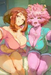 2girls ai_generated bedroom big_breasts cleavage cum cum_on_breasts cum_on_face female female_only jaygoats licking_lips looking_at_viewer mina_ashido my_hero_academia ochako_uraraka pajamas pink_hair pink_skin selfie shorts teasing tongue_out uraraka_ochako