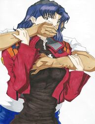 blue_hair breast_grab breasts clothing covering_mouth female female_focus fully_clothed gagged grabbing_from_behind grope groping_breasts hand_gagged hand_over_another's_mouth highres human imminent_rape large_breasts lostunicorn medium_breasts misato_katsuragi molestation neon_genesis_evangelion struggling