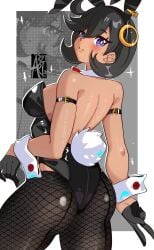 1girls :> absurdres alternate_costume animal_ear_hairband animal_ears aryi077 ass ass_focus black_gloves black_hair black_leotard border breasts clothing_cutout curvy dark-skinned_female dark_skin detached_collar emma_(pokemon) fake_animal_ears fat_ass female fishnet_pantyhose fishnets gloves grey_background hairband highres hip_vent leotard looking_at_viewer looking_back matiere_(pokemon) matiere_(pokemon_legends:_z-a) pantyhose playboy_bunny pokemon pokemon_legends:_z-a purple_eyes rabbit_ear_hairband rabbit_ears rabbit_tail short_hair sideboob simple_background solo standing strapless strapless_leotard tail thick thick_ass thighs upper_body v white_border white_wrist_cuffs wrist_cuffs
