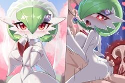 ass big_breasts blush bodily_fluids breasts cum erection female gardevoir generation_3_pokemon generation_6_pokemon genital_fluids genitals green_hair hair hi_res human interspecies male male/female male_penetrating mammal mega_evolution mega_gardevoir nintendo penetration pokemon pokemon_(species) red_eyes sex zerokun135