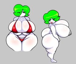 1girls ass barefoot big_ass big_breasts bikini boxgarten breasts clothed/nude completely_nude completely_nude_female female female_only full_body green_hair naked naked_female nude nude_female open_mouth open_smile scarlet_(scarmentor) scarlet_(xxturkiaxx) short_hair sketch smile solo solo_female standing