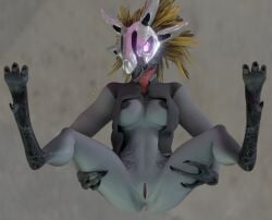 3_fingers 3_toes 3d_(artwork) alien anthro armor ass avian avian_caruncle black_nipples bottomless breasts clothed clothing digital_media_(artwork) digitigrade face_covered feather_hair feathered_crest feathers feet female fingers genitals glowing glowing_eyes halo_(series) head_crest headgear helmet holding_both_legs holding_both_thighs jacket kig-yar lying microsoft nipples non-mammal_breasts on_back open_clothing open_jacket open_topwear pink_eyes pseudo_hair scalie sharp_teeth short_tail solo spread_legs spreading spurs_(anatomy) syn_cah synca t'vaoan tail teeth toes topwear vulva xbox_game_studios yellow_body yellow_feathers