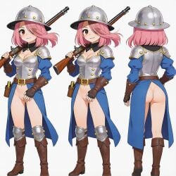 ass back_view blue_clothing breasts brown_eyes clash_royale female front_view gun masturbation musketeer_(clash_royale) no_underwear open_clothes open_eyes pink_hair playing playing_with_pussy pussy solo standing_masturbation touching_pussy white_background