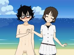 persona persona_5 ren_amamiya makoto_niijima completely_nude public exhibitionism beach small_penis small_penis_humiliation tiny_penis micropenis censored mosaic_censoring pinching_gesture clothed_female_nude_male