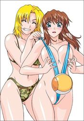 2girls ball bikini blonde_hair blue_eyes breasts brown_hair dead_or_alive female female_only hitomi_(doa) human large_breasts multiple_females multiple_girls rudoni sling_bikini smile swimsuit tecmo tina_armstrong yuri