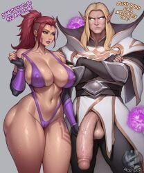 1girl1boy age_difference ai_assisted anti-mage_(wei) athletic athletic_female before_sex big_breasts bimbo bimbofication cheating dota dota_2 huge_cock invoker_(carl) light-skinned_female massive_penis micro_bikini mortred_(artist) older_male partially_clothed straight tall_female veiny_penis younger_female