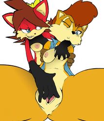 anus blue_eyes blush bondage bound breast_grab breasts canine female fiona_fox fox imminent_rape nipples pussy r-fenrir red_hair sally_acorn sega sonic_(series) yuri