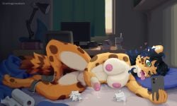 2026 absurd_res anthro areola balls bed bedding bedroom big_breasts big_penis black_hair blanket blue_hair blush bodily_fluids book breasts burger_box busty_boy busty_boy_(lore) chair cheetah clothing computer_keyboard container cravingcreature cum cup curtains desk digital_media_(artwork) disposable_cup electronics eye_bags felid feline foreskin front_view furniture futa futa_only genital_fluids genitals green_eyes hair hat headgear headphones headwear hi_res inside lamp looking_at_object looking_at_phone lying mammal markings masturbation monitor multicolored_hair nipples nude office_chair on_side penile penile_masturbation penis phone pillow precum saliva shelf solo sowilo_(runicrunez) spots spotted_body sweat sweaty_breasts sweaty_legs sweaty_thighs table tail thick_thighs tissue tongue tongue_out two_tone_hair underwear underwear_around_ankles wizard_hat