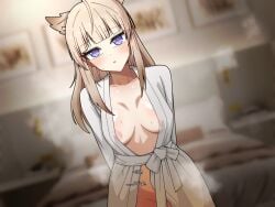 areola_slip arknights bathrobe bathrobe_only convenient_censoring female manli no_bra no_panties perlica_(arknights)