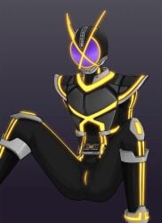 1cuntboy antennae armor before_sex belt colored_pussy cuntboy cuntboy_focus cuntboy_only glowing_genitalia glowing_lines glowing_pussy gradient_background helmet kamen_rider kamen_rider_555_(series) kamen_rider_kaixa legs_apart legs_open legs_spread masato_kusaka mask masked presenting presenting_pussy purple_eyes pussy sitting sitting_down solo variant_set yellow_armor yellow_lines