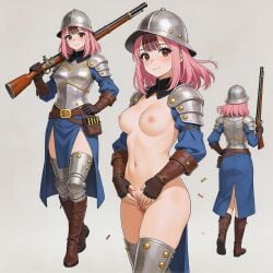 ass back_view blue_clothing breasts brown_eyes front_view masturbation musketeer_(clash_royale) pink_hair pussy