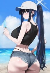 1girls ai_generated ass back back_view beach blue_archive blush breasts cap clothed clothed_female female female_only halo huge_ass huge_breasts ice_cream light-skinned_female light_skin long_hair looking_at_viewer looking_back outside ponytail saori_(blue_archive) sweat sweatdrop sweating thick_thighs thighs truck-kun_art truck_kun
