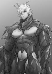 alchemy_stars antlers armor armored_boots armored_gloves bara blue_eyes cachic erect_cock erection gay greyscale looking_into_the_distance male male_only monochrome muscular_male mutated nipple_piercing regal_(alchemy_stars) scarf skimpy_armor soulga3 underwear white_hair whored_out yaoi
