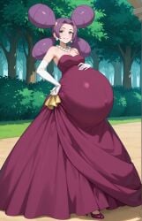 ai_generated fantina_(pokemon) female female_only gym_leader pokemon pokemon_dppt pregnant pregnant_belly pregnant_female purple_dress purple_hair purple_hair_female