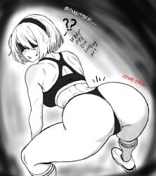 2b_(nier:automata) android bending_down bending_forward bending_over big_ass big_breasts big_butt black_and_white devil_may_kai exclamation_mark gym gym_bottomwear gym_clothes gym_uniform looking_at_viewer looking_back nier:_automata pussy robot_girl sports_bra sportswear surprised surprised_expression text thick_ass thick_thighs