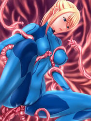 blonde_hair blue_eyes bodysuit breasts cum cum_in_pussy cum_inside erect_nipples female forced_in_fabric hair hiro_(hankakudouga) human large_breasts metroid nintendo open_mouth ponytail samus_aran squatting tentacle tentacle_sex through_clothes tied_hair tight_clothes vaginal_insertion zero_suit zero_suit_samus