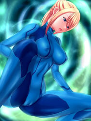 blonde_hair blue_bodysuit blue_eyes bodysuit breasts cameltoe erect_nipples female female_only hair hiro_(hankakudouga) human jpeg large_breasts metroid nintendo ponytail samus_aran solo squatting tied_hair tight_clothes zero_suit