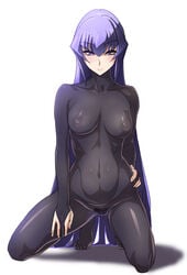 1girls bodysuit breasts cleavage female hand_on_hip highres kneeling koubuin_yuuhi long_hair looking_at_viewer muv-luv nipples pubic_hair purple_hair pussy see-through shino_(comic_penguin_club) skin_tight smile solo squatting very_long_hair white_background