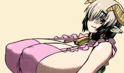 2_colors_hair animal_ears apron apron_only bangs big_breasts blush blush_lines braided_hair breast breasts breasts_bigger_than_head collar cow_collar cow_ears cow_girl cow_horns female female_only green_hair horns long_hair manga_color manga_panel minotaur minotaur_futa minotaur_girl monster monster_girl monster_musume_no_iru_nichijou nipples nipples_under_clothes nipples_visible_through_clothing okayado pink_apron shy_expression shy_girl shy_smile urt_(monster_musume)