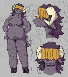 absurd_res anthro bangs bovid caprine defunto female fur hi_res hihime_utahime hooves mammal model_sheet nude overweight painted_hair purple_body purple_fur sheep slightly_chubby solo