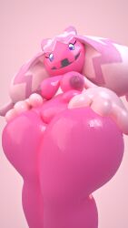 1female 1girls breasts looking_at_viewer nipples pink_background pink_body pink_hair pink_skin pokemon self_upload shortstack simple_background small_breasts small_chest small_female smiling smiling_at_viewer smirk sweat tagme thefrenchmenspy thick_thighs thighs tinkaton wet_body wet_skin