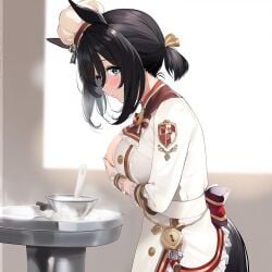1girls black_hair breast_squeeze cup eishin_flash_(umamusume) horse_ears horse_girl large_breasts milking umamusume