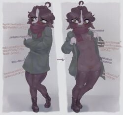 absurd_res anthro black_body black_fur black_hair blush blush_lines bodily_fluids bovid caprine clothed clothed_female clothing coat dialogue emily_(pumpunechka) english_text female flat_chested fur genital_fluids genitals gloves green_eyes hair handwear hi_res legwear mammal no_shirt offscreen_character open_clothing open_coat open_topwear pumpunechka scarf sheep solo text thigh_highs topwear vaginal_fluids vulva winter_coat