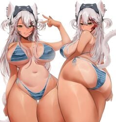 blue_bikini curvy front_and_back highleg_bikini huge_ass huge_breasts indie_virtual_youtuber multiple_views neila_onkos striped_bikini tan_body thick_thighs v virtual_youtuber voluptuous wide_hips