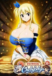 1girl, absurdres, ai_assisted ai_generated anime, anime_style, attractive, beautiful, beautiful_eyes, beautiful_lighting, best_quality, blonde_hair bookshelf, breasts, brown_eyes, chebybelya chebybelya, cinematic_lighting, cover, cover_page, curvy, cute, deep_skin, detached_sleeves, detailed, detailed_face detailed_skin, digital_art, fairy_tail high_quality, high_resolution, highres, huge_breasts, long_hair looking_at_viewer, lucy_heartfilia lucy_heartfilia, patreon, patreon_username, perfect_body, sexy, sharp_focus signature slim_waist, smile, soft_lighting, soft_shading, solo, stylized, thick_thighs, thighhighs toned very_aesthetic, vibrant_colors, watermark, wide_hips