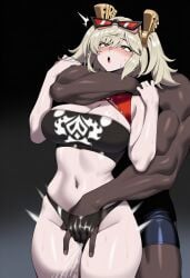 1boy 1boy1girl 1girl1boy 1girls ai_assisted ai_generated bald blonde_hair blush breasts burnice_white cheating cleavage cowboy_shot crop_top cuckold cuckolding dark-skinned_male dark_room dark_skin eyewear_on_head female female_ejaculation fingering forced forced_sex gradient_background hair_ornament heart hoyoverse hug hug_from_behind interracial large_breasts medium_hair mihoyo muscular_male navel nay_juno netorare ntr open_mouth red_eyes rolling_eyes sexy sexy_pose simple_background standing stomach straight strangling sunglasses thighs twintails very_dark_skin zenless_zone_zero