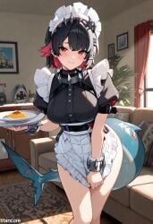 (titancore) ai_generated animal_humanoid big_breasts black_hair curvy_figure ellen_joe embarrassed female girl living_room maid maid_uniform monster_girl multicolored_hair pantsless red_hair serving_food shark_girl shark_humanoid shark_tail thiren video_game_character zenless_zone_zero