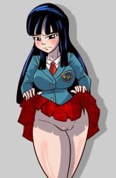 1girls big_breasts black_hair blush breasts dragon_ball dragon_ball_super dragon_ball_z female female_only laccerart mai_(dragon_ball) no_panties pussy school_uniform skirt skirt_lift solo