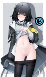 absurdres arknights arknights:_endfield black_coat black_hair black_pantyhose blush cleft_of_venus closed_mouth clothes_lift clothes_pull coat commentary cowboy_shot endministrator_(arknights) female female_endministrator_(arknights) flying_sweatdrops grey_eyes highres layered_sleeves lifting_own_clothes long_sleeves looking_at_viewer medium_hair navel pantyhose pantyhose_pull pussy ribbed_sweater solo speech_bubble spoken_flying_sweatdrops sweater sweater_lift uncensored variant_set white_sweater z.taiga