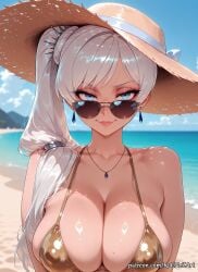 2025 ai_generated anime bangs bare_shoulders beach bikini blue_eyes blue_sky breasts cleavage closed_mouth collarbone crossover day earrings eye_contact female female_focus hair_over_shoulder hat highres huge_breasts jewelry large_breasts lips long_hair looking_at_viewer looking_over_eyewear necklace neutral_expression nsfw ocean outdoors patreon patreon_username rognezart rwby sand scar scar_across_eye scar_on_face shiny shiny_clothes shiny_hair shiny_skin side_ponytail sky smile smiling solo straw_hat sun_hat sunglasses swimsuit upper_body very_long_hair weiss_schnee wet white_hair