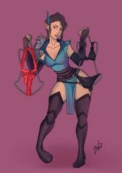 bedroom braided_hair choose cleavage clothed clothed_female critical_role critical_role:_vox_machina dark_hair dungeons_and_dragons elf_ears exposed_hips fair_skin feather_in_hair half-elf lingerie offering_clothing pick_one pointy_ears slender_body solo solo_female solo_focus sultry_eyes the_legend_of_vox_machina thigh_boots valentine's_day vex'ahlia zoobastik