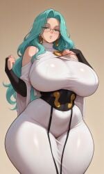 breasts curvaceous curvy dress female_only glasses green_hair houseofwaifu huge huge_breasts mommy one-punch_man psykos thick thick_legs thick_thighs venus_body