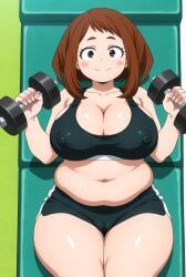 1girls ai_generated big_breasts boku_no_hero_academia cameltoe chubby chubby_female cleavage crop_top dumbbell fat fat_female female female_focus female_only laying_down micro_shorts my_hero_academia nipple_bulge ochako_uraraka plump shorts solo solo_female solo_focus thick_thighs training uraraka_ochako