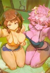 ai_generated bedroom breasts brown_hair cleavage female female_only jaygoats looking_at_viewer mina_ashido my_hero_academia ochako_uraraka pink_hair pink_skin pulling_down_shirt selfie short_hair shorts small_waist teasing thick_thighs thighs top_view uraraka_ochako