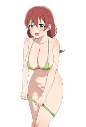 :d aqua_eyes bare_arms bikini bikini_pull breasts brown_hair censored cleavage clothes_pull collarbone commentary_request emma_verde female_pubic_hair freckles goa1126 green_bikini hair_between_eyes heart heart_censor highres large_breasts long_hair looking_at_viewer love_live! love_live!_nijigasaki_high_school_idol_club navel open_mouth pubic_hair sidelocks simple_background smile standing swimsuit white_background