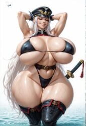 ai_generated alternate_body_type alternate_breast_size armpits arms_behind_head arms_up ass_visible_through_thighs bare_shoulders belt big_ass big_thighs bikini black_bikini black_gloves black_headwear black_thighhighs boots bottom_heavy breasts breasts_apart child_bearing_hips closed_eyes covered_nipples curvaceous curves curvy curvy_body curvy_figure female gigantic_ass gigantic_breasts glossy glossy_body gloves grin hat hi_res high_resolution highleg highleg_bikini highres hourglass_figure huge_ass huge_breasts katana large_thighs lips long_hair massive_ass mato_seihei_no_slave military_hat navel o-ring o-ring_bikini parted_lips peaked_cap plump sheath sheathed shiny_skin simple_background skin_gloss skindentation skull_crushing_thighs smile solo stable_diffusion standing stomach swimsuit sword thick_thighs thicknesslord thigh_boots thigh_gap thighhighs thighs thunder_thighs underboob uzen_kyouka veiny_breasts very_long_hair voluptuous wading water weapon wet white_background white_hair wide_hips